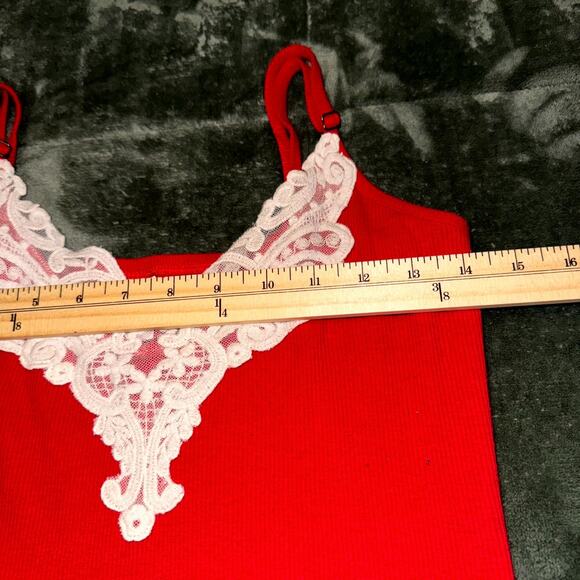 Bongo Y2K Cami Tank Top Women Large Red Cotton Ribbed Lace Neck Spaghetti Strap - Picture 7 of 8